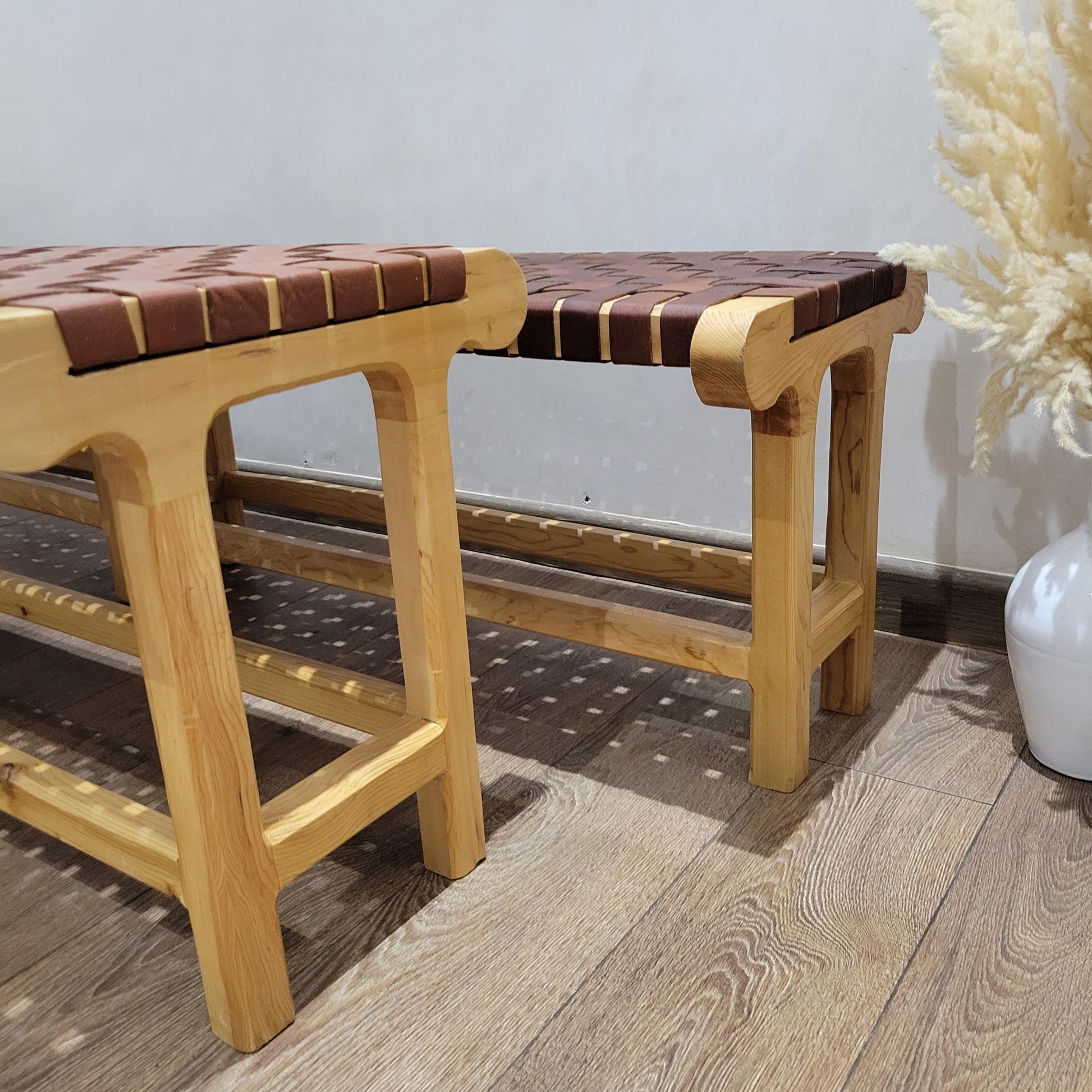 Woven Leather Bench — accent piece in bohemian interior
