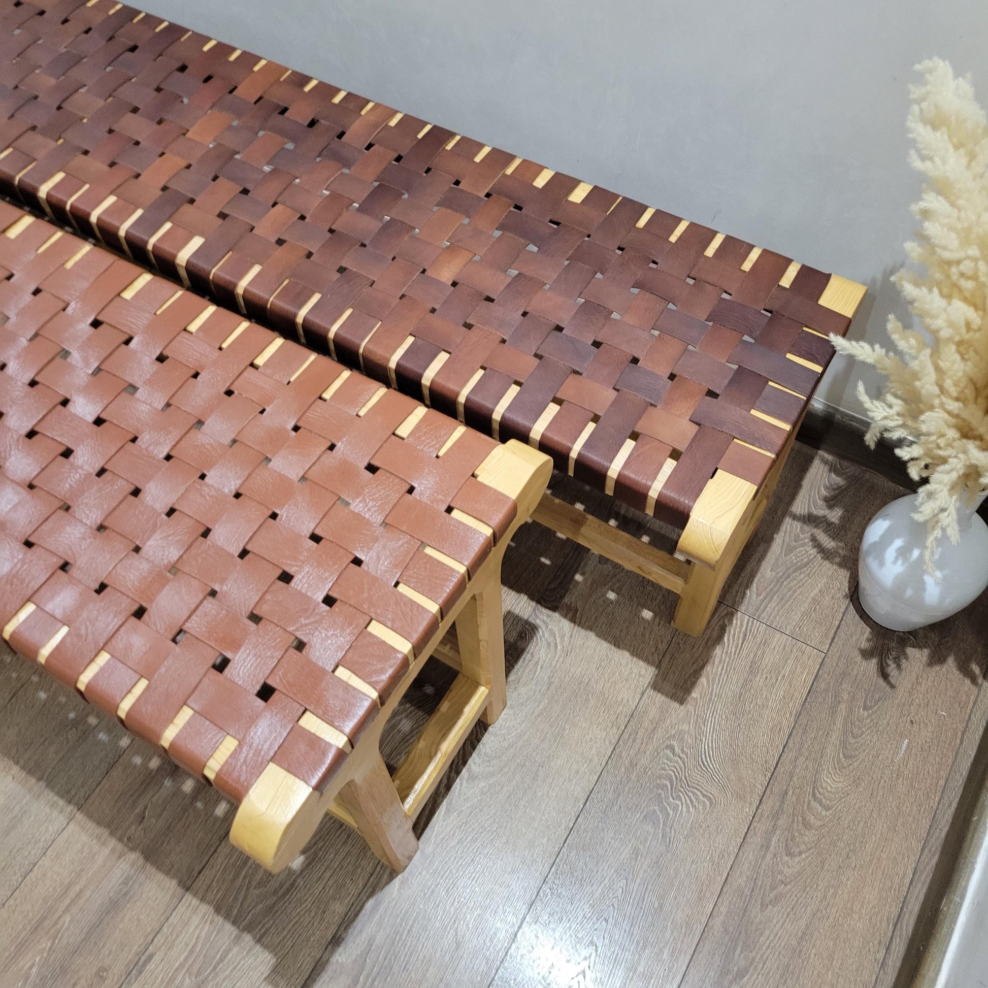 Woven Leather Bench — three-quarter angle
