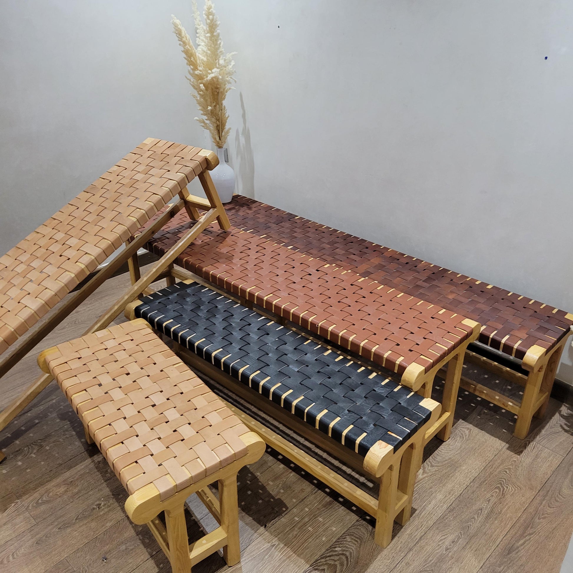 Woven Leather Bench — top view showing weave pattern