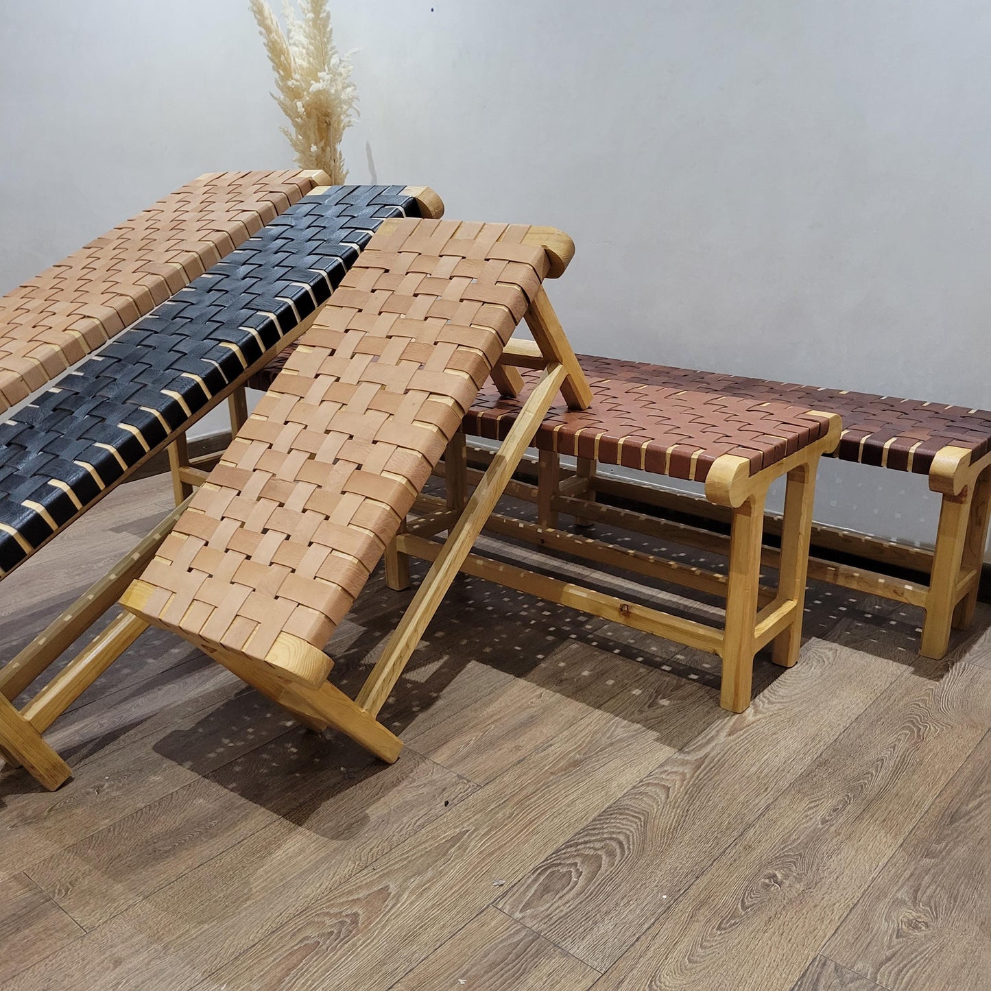 Woven Leather Bench — color variation in natural light
