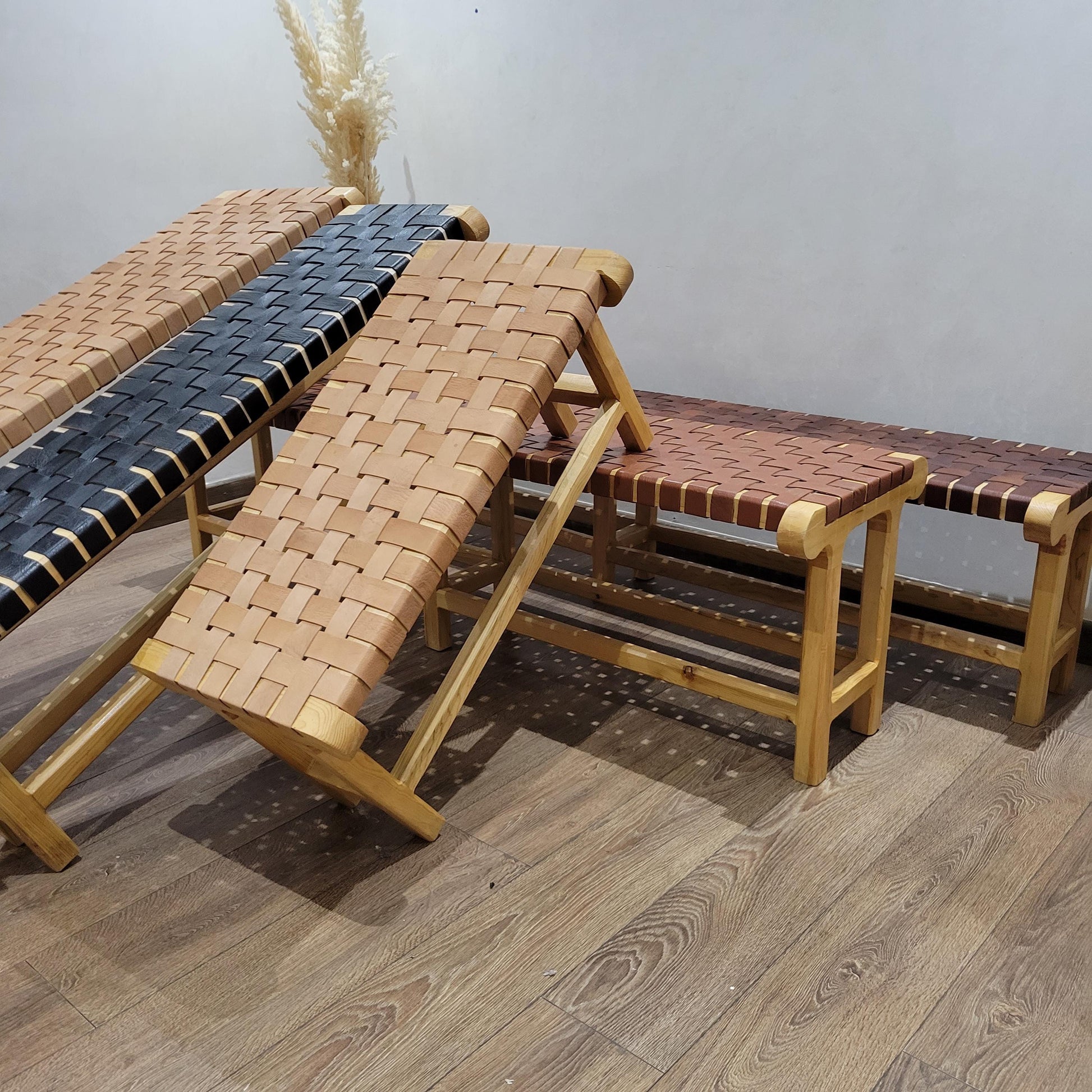 Woven Leather Bench — color variation in natural light