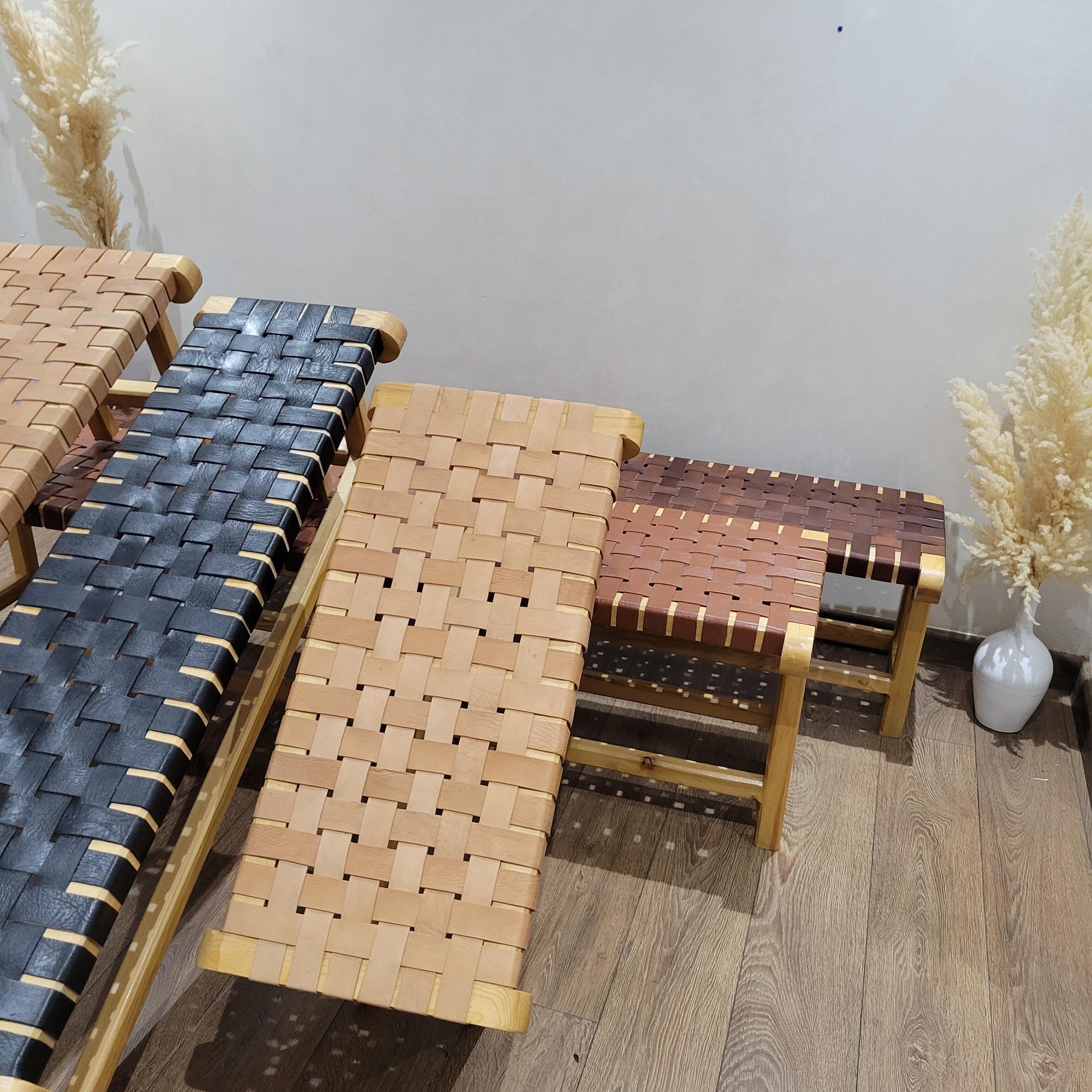 Woven Leather Bench — paired with neutral home decor