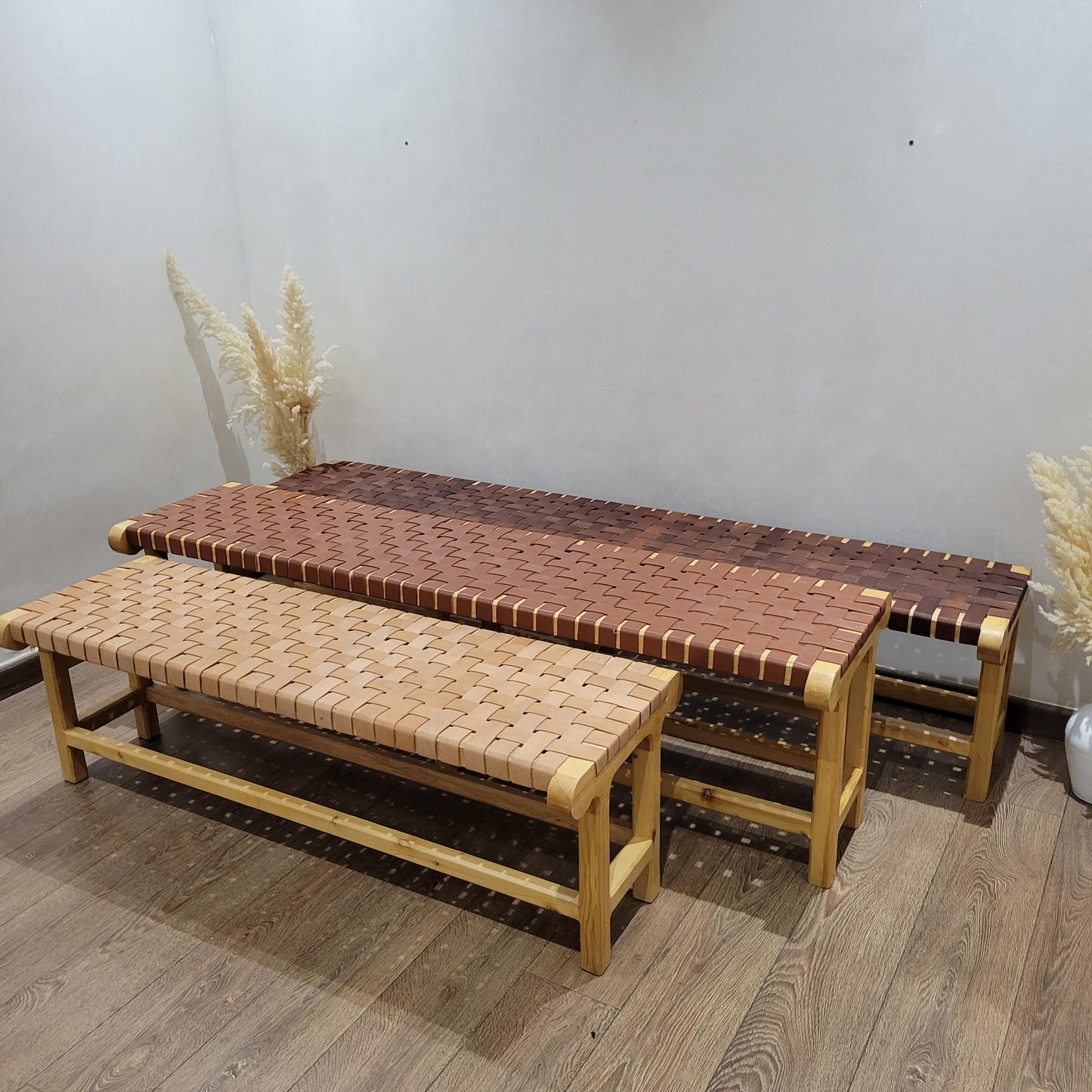 Woven Leather Bench — close-up of leather texture