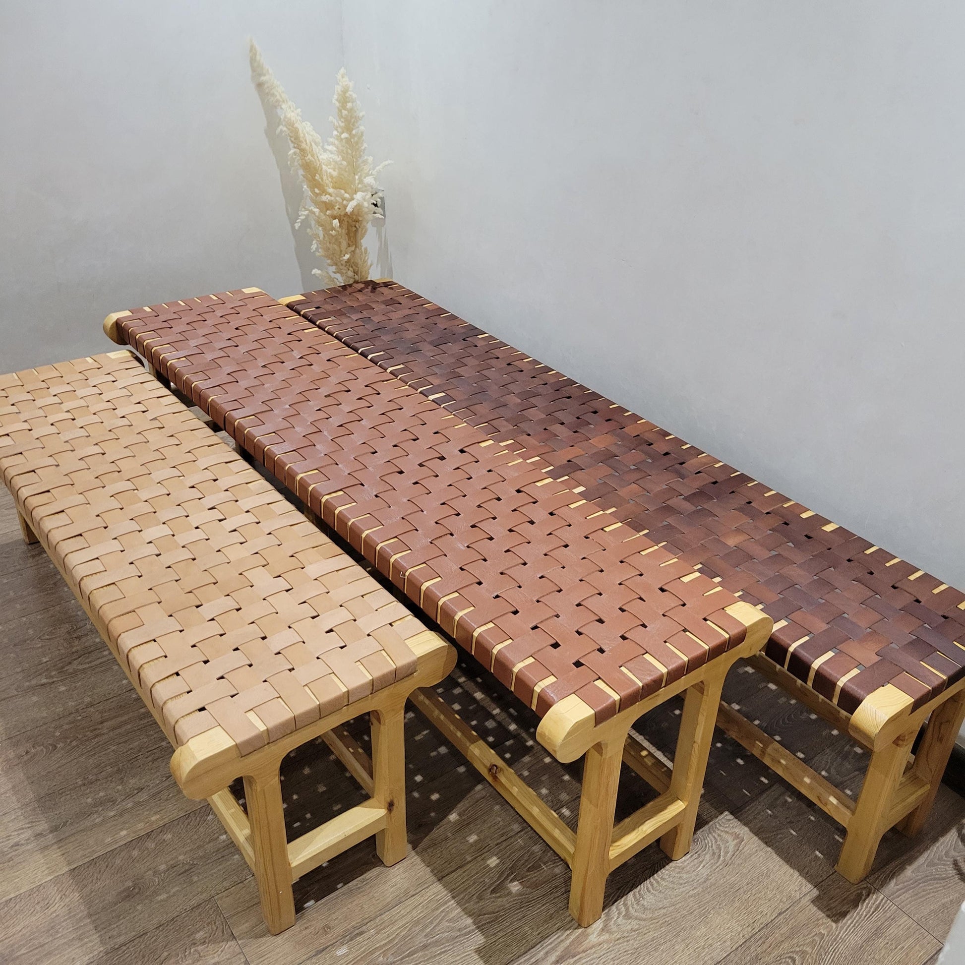 Woven Leather Bench — top view showing weave pattern