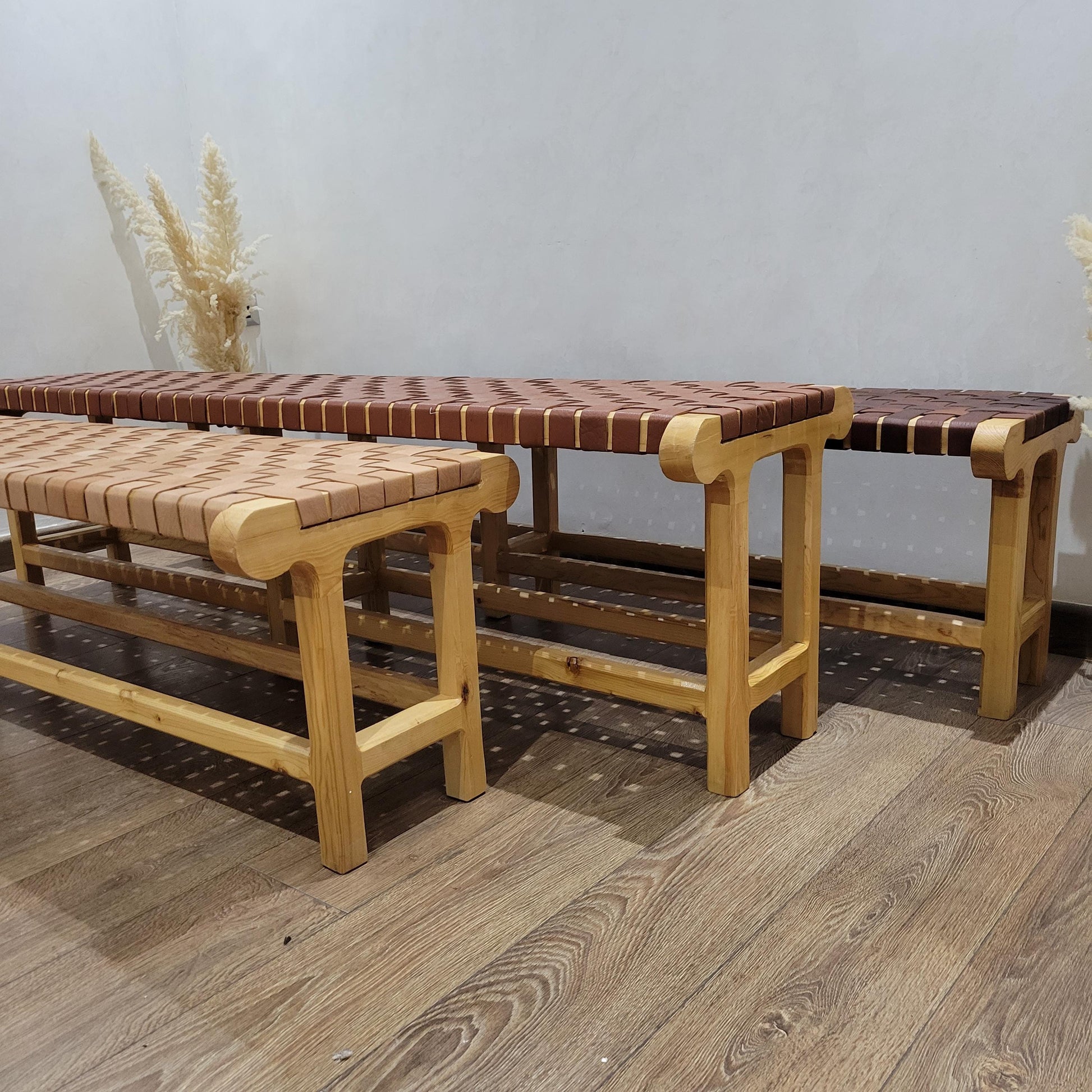 Woven Leather Bench — alternate angle showing scale
