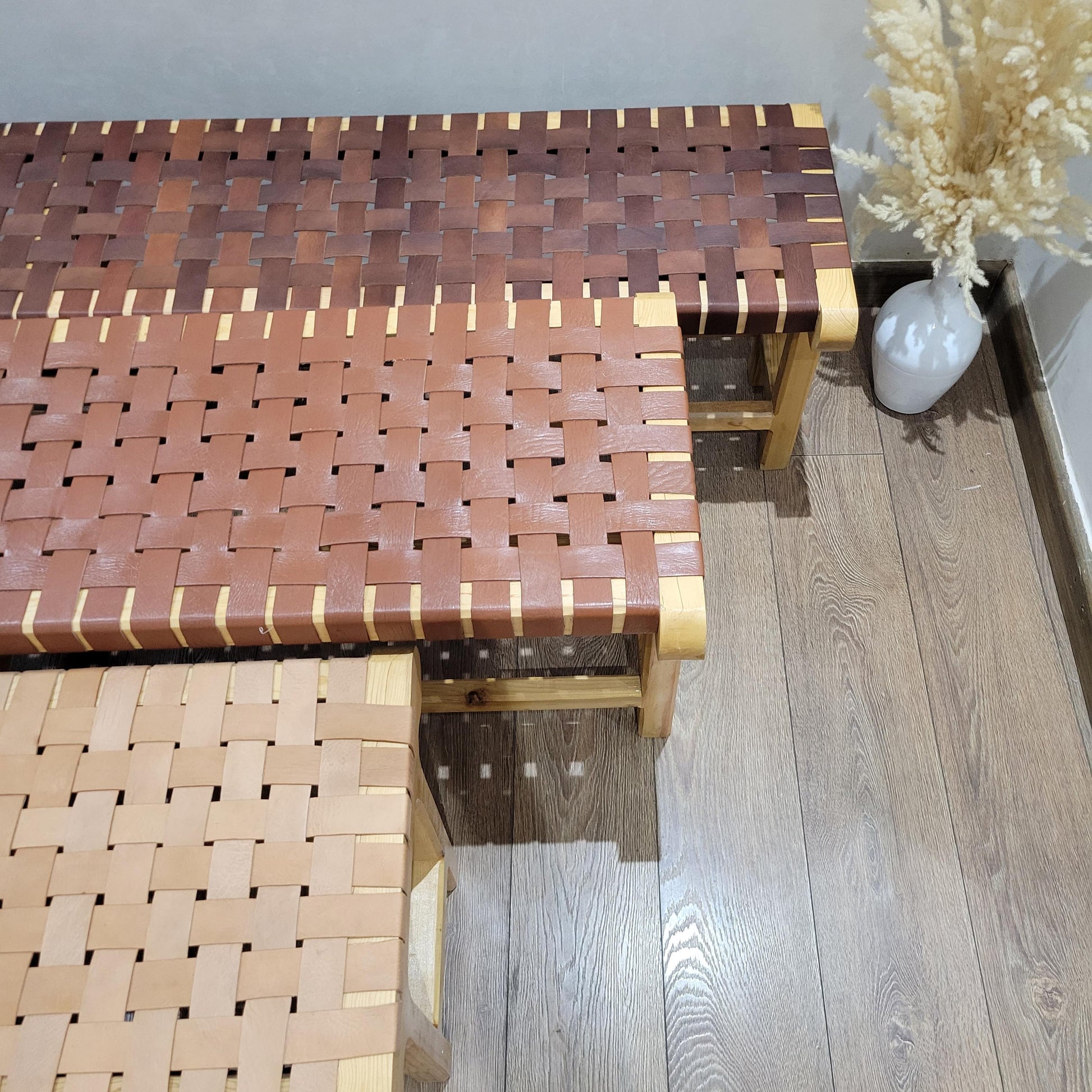 Woven Leather Bench — lifestyle scene in a US home