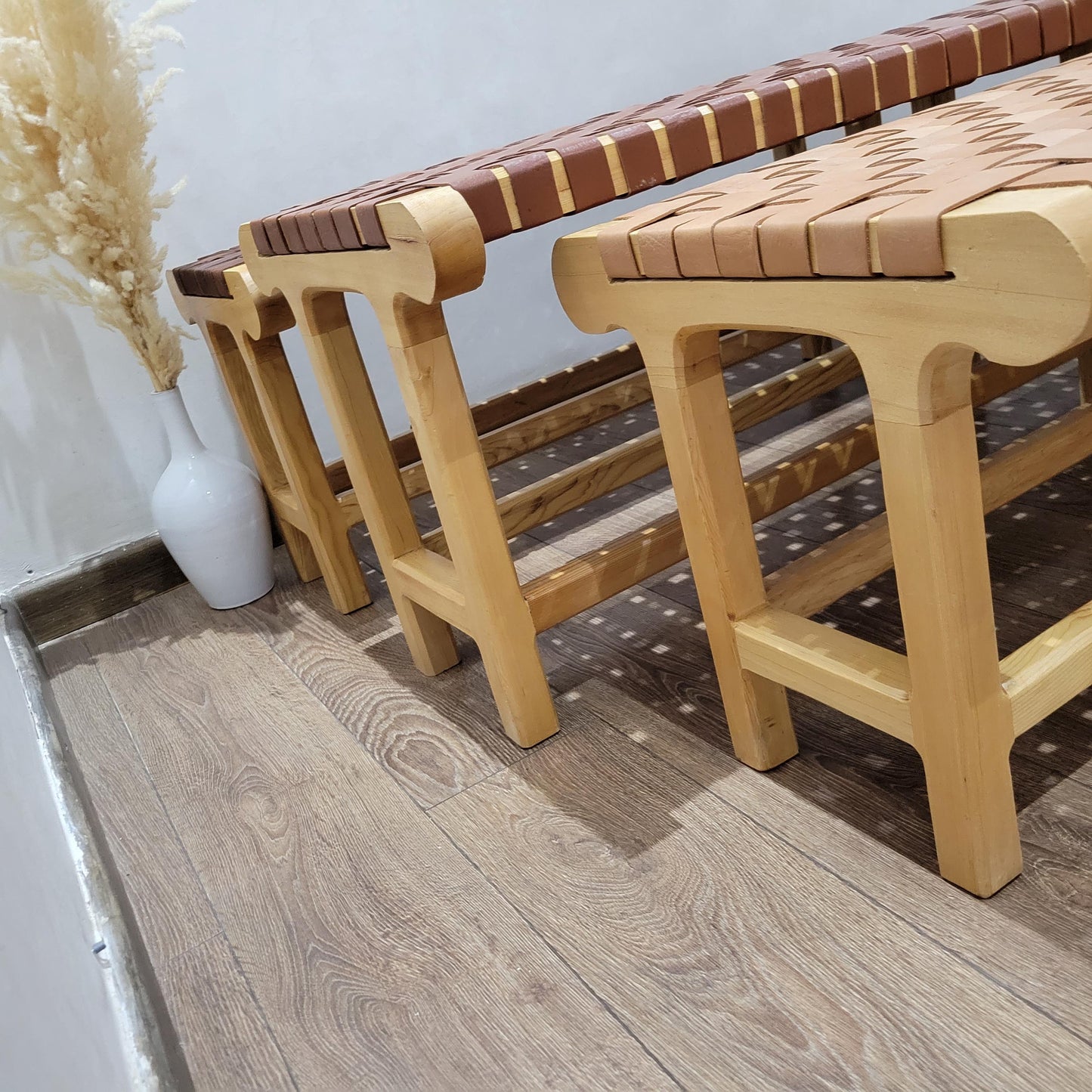 Woven Leather Bench — back view of leather construction