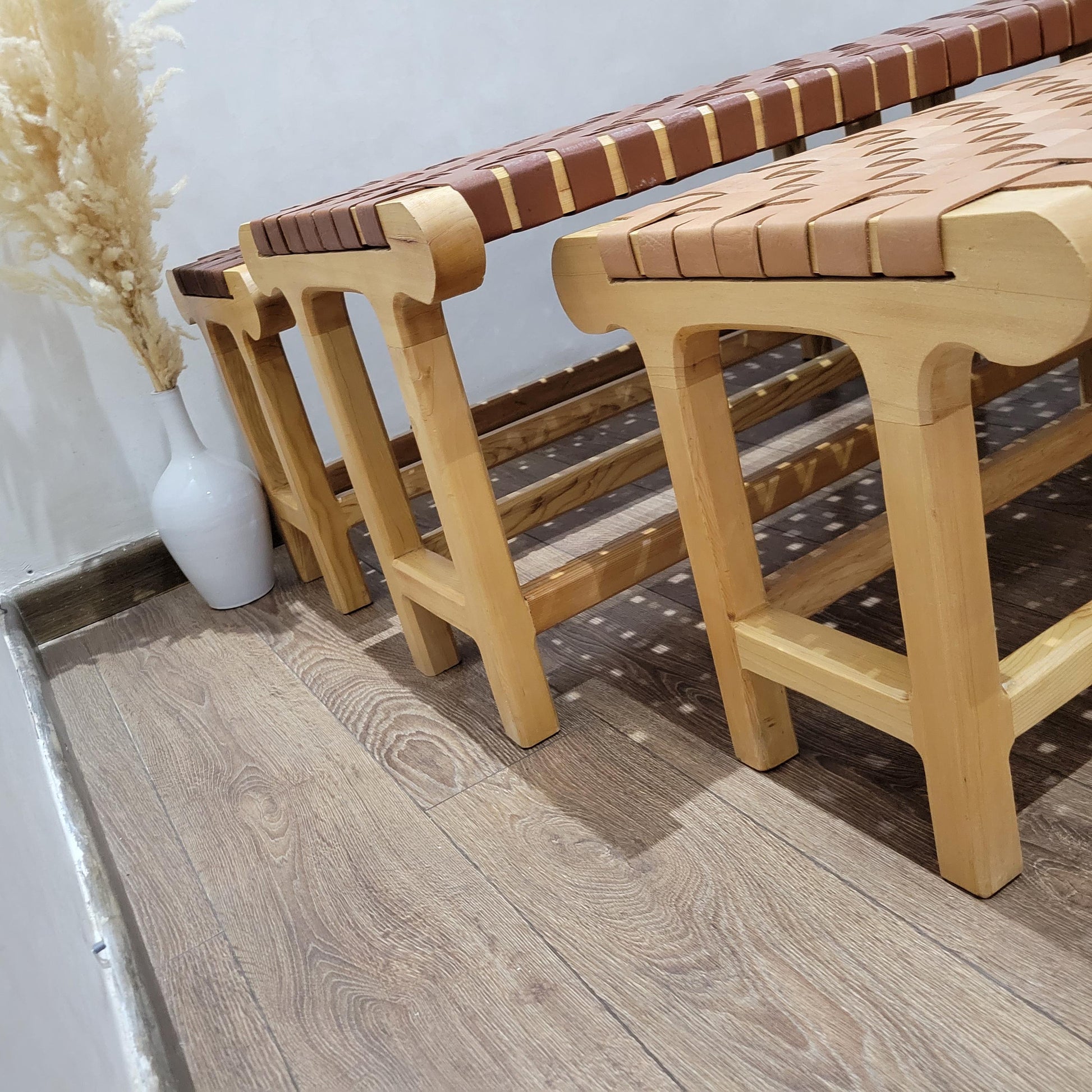 Woven Leather Bench — back view of leather construction