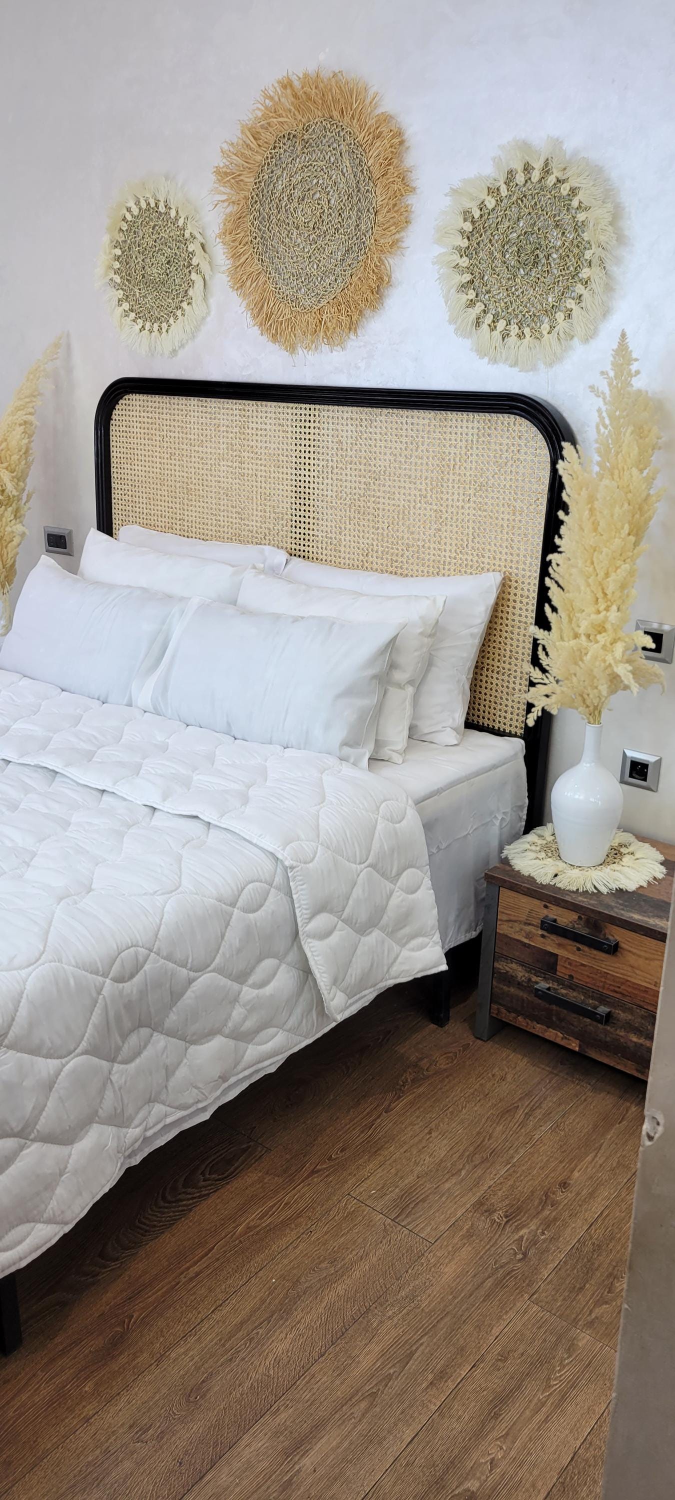 Boho Rattan Headboard — Woven Cane Solid Wood