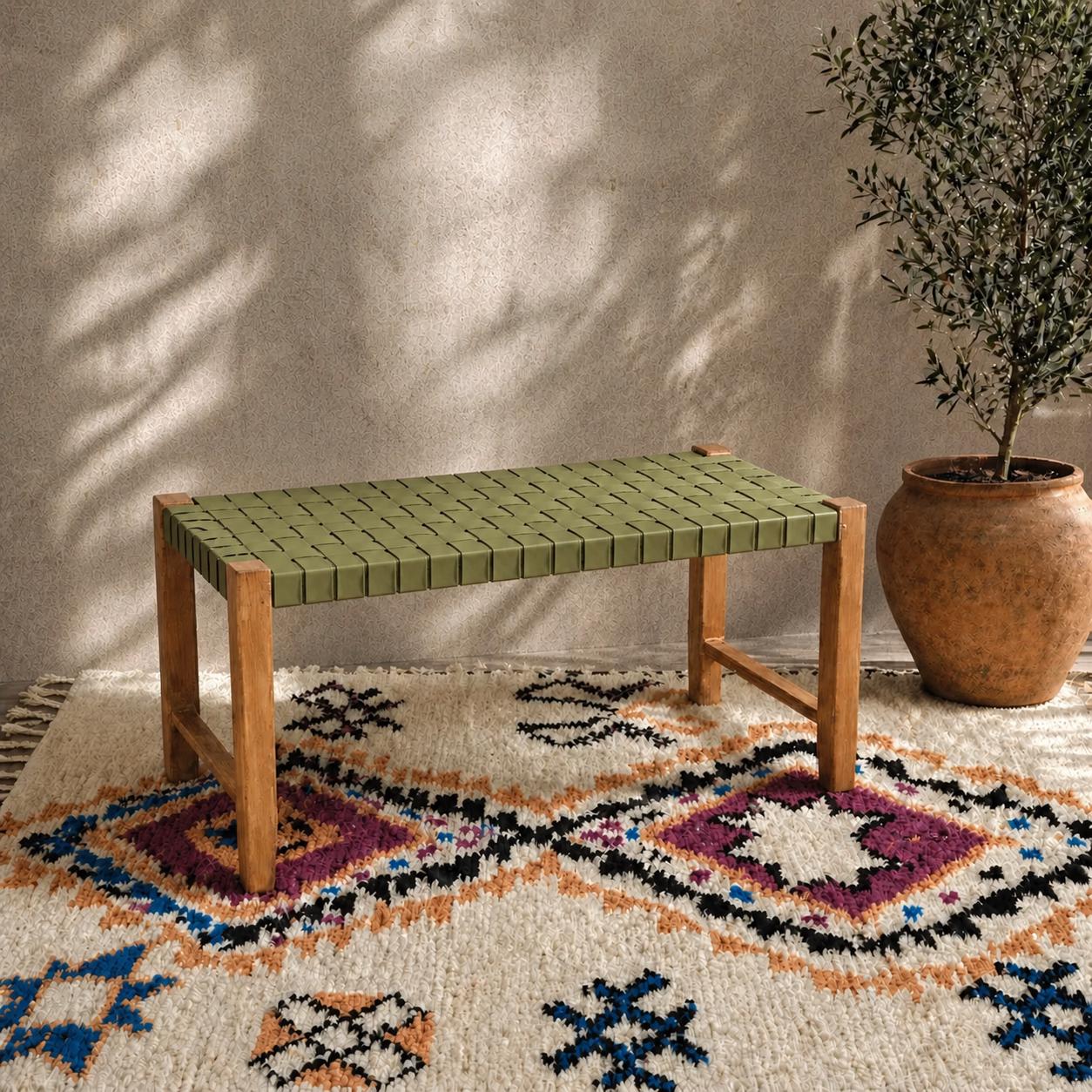 Moroccan Wooden Bench — three-quarter angle