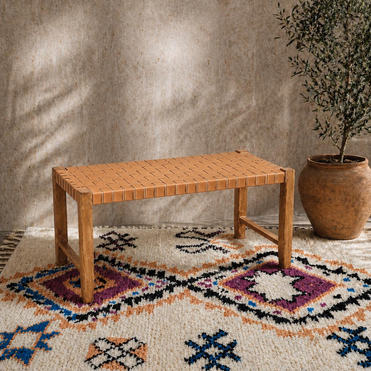 Moroccan Wooden Bench — natural color, artisan finish