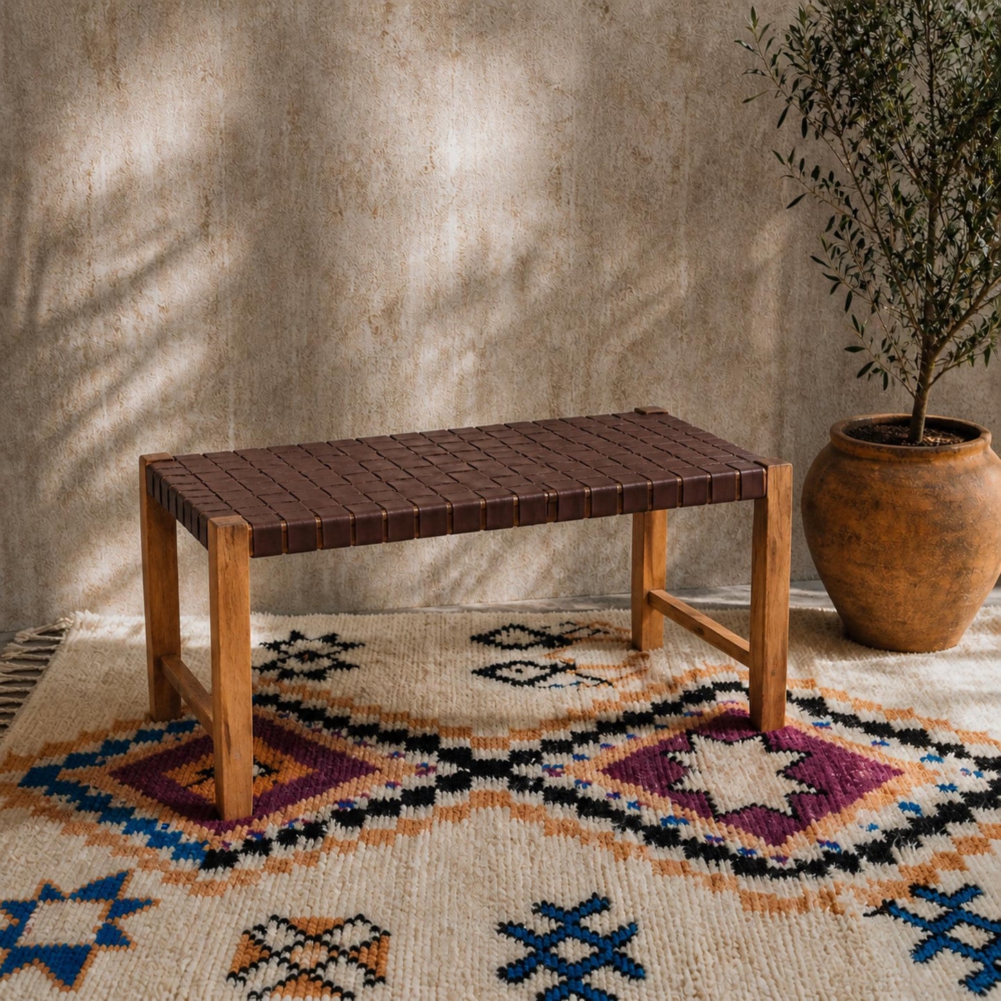 Moroccan Wooden Bench — three-quarter angle