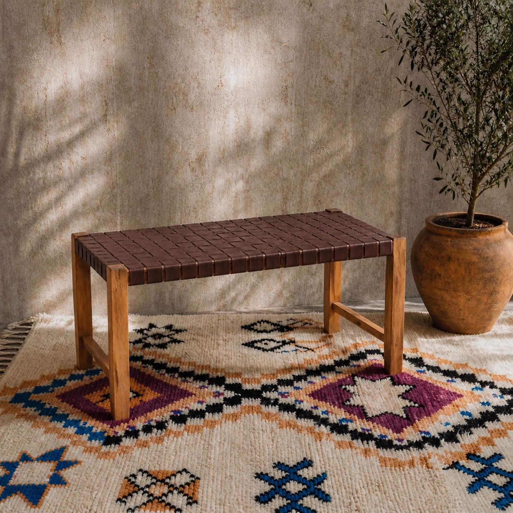 Moroccan Wooden Bench — three-quarter angle