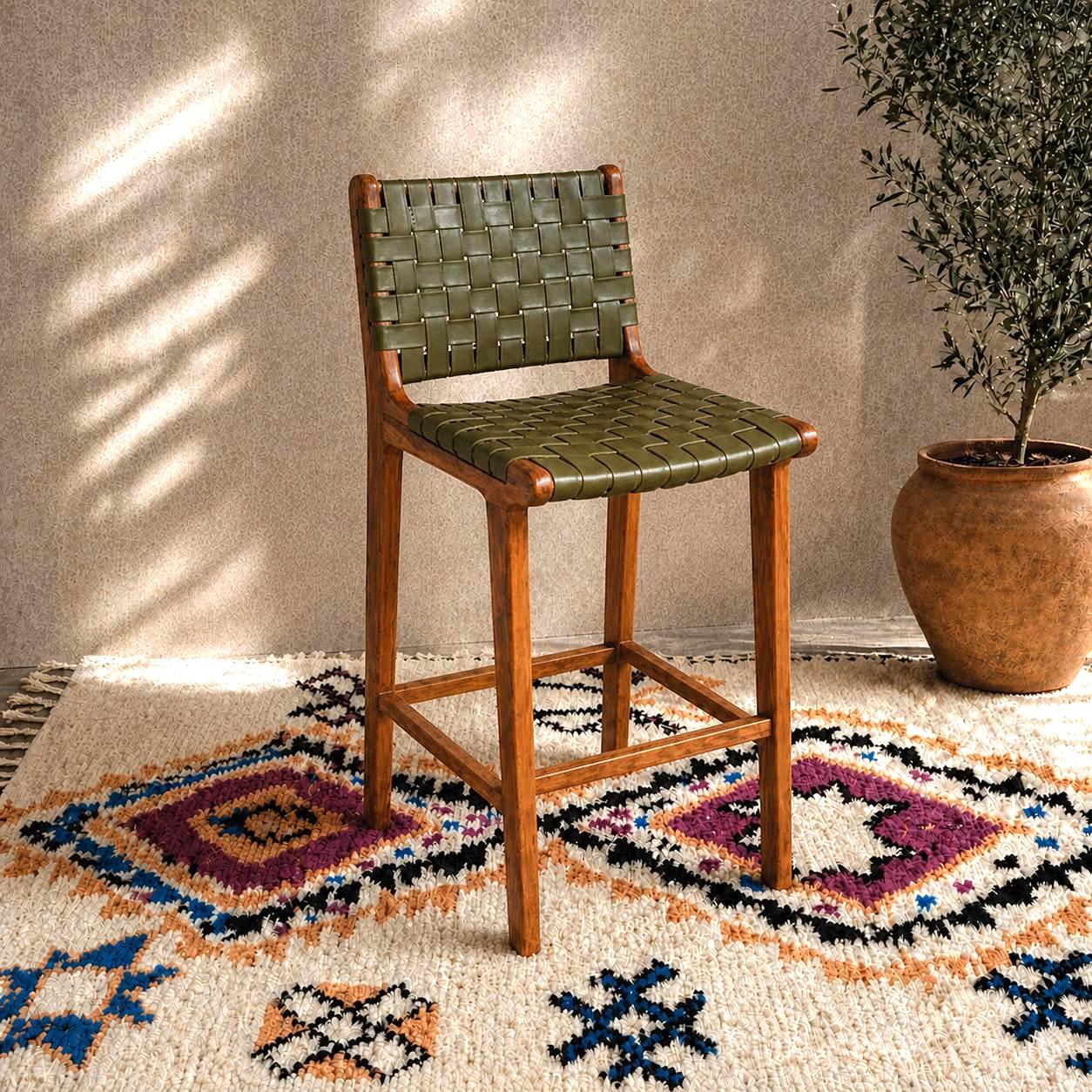 Handmade Moroccan Bar Chair — Leather & Wood Bar Stool