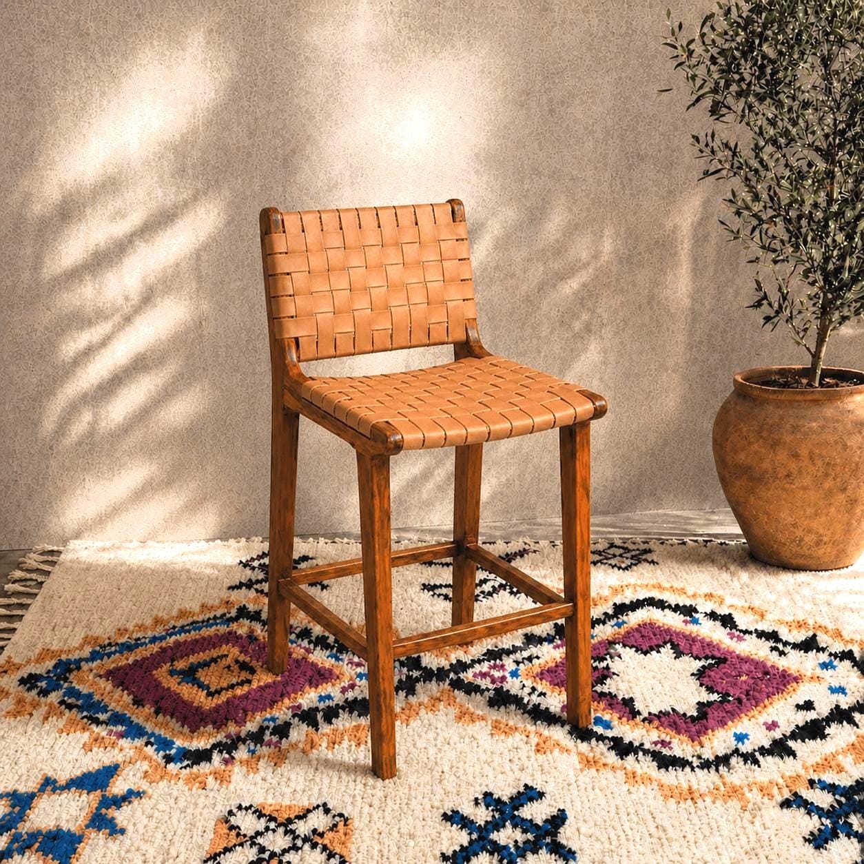 Moroccan Bar Chair — Leather & Wood Counter Stool