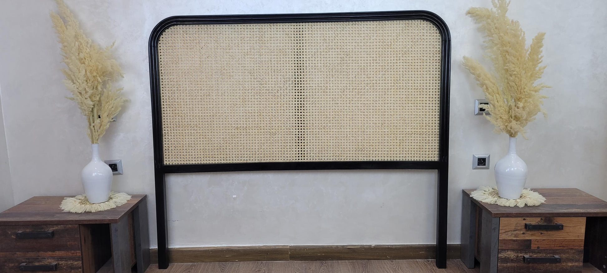 Rattan Headboard — side view of artisan stitching