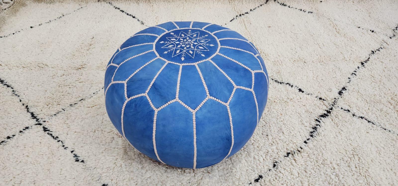 Moroccan Leather Pouf — side view of artisan stitching