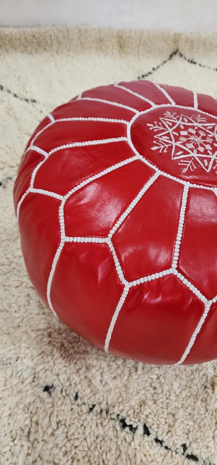 Moroccan Leather Pouf — side view of artisan stitching