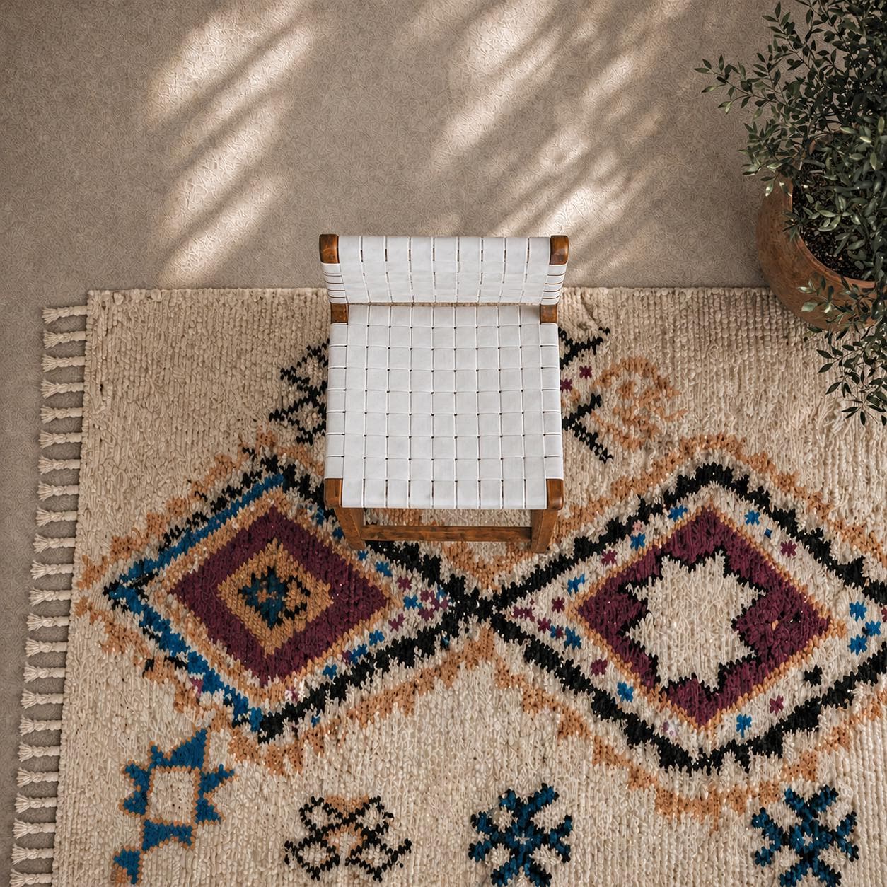 Moroccan Bar Stool — styled in a modern boho living room