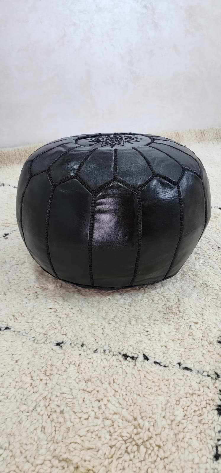 Moroccan Leather Pouf — top view showing weave pattern