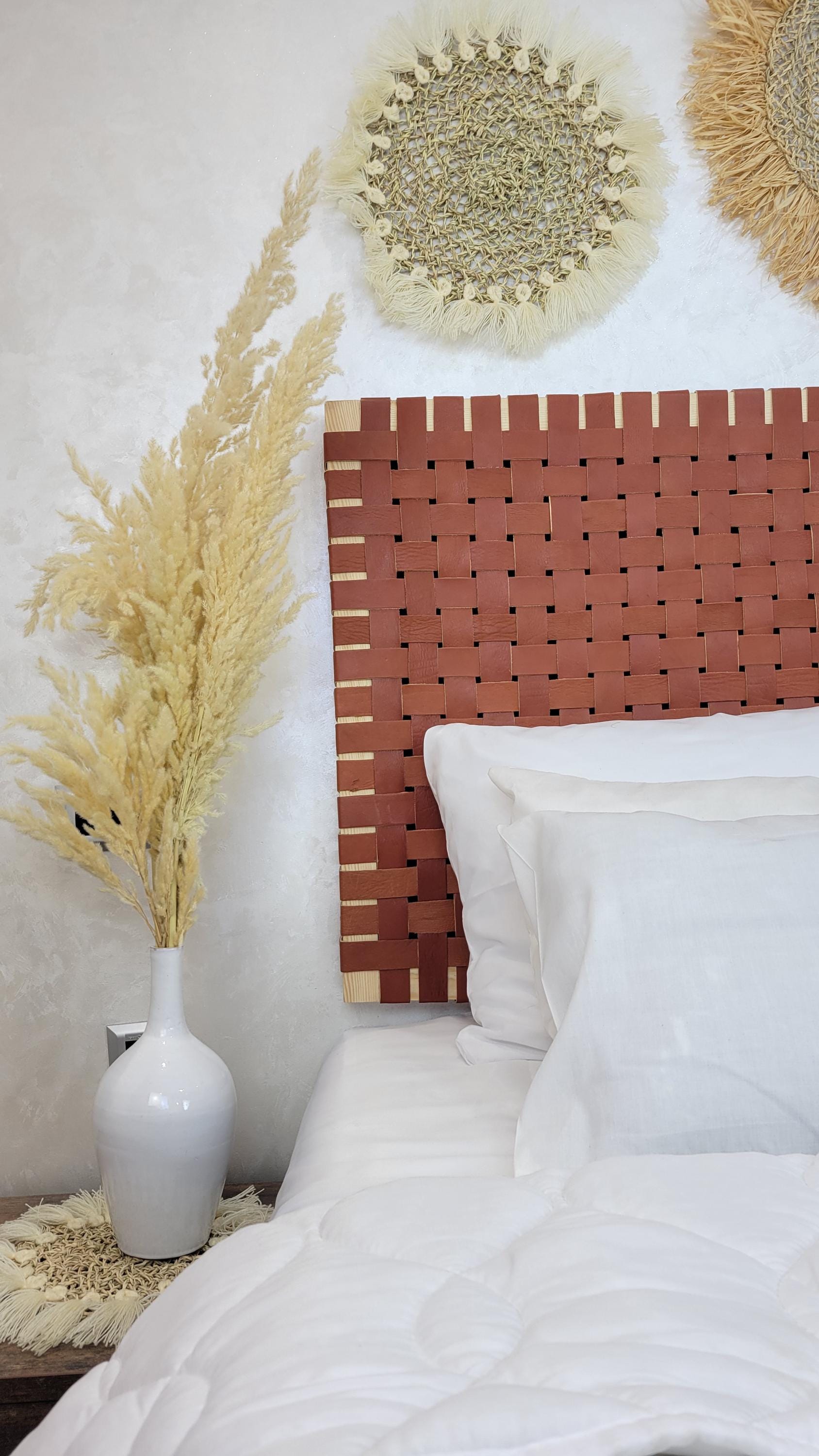Woven Leather Headboard — paired with neutral home decor