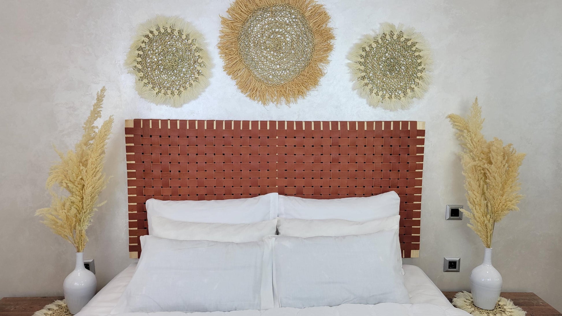 Woven Leather Headboard — styled in a modern boho living room