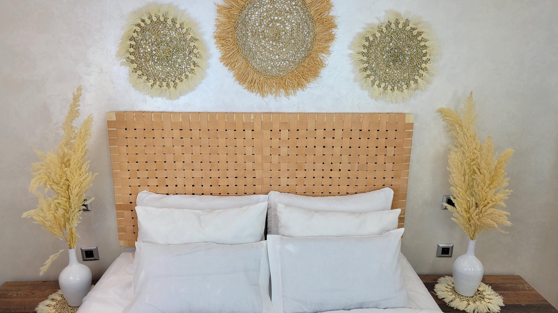 Woven Leather Headboard — side view of artisan stitching