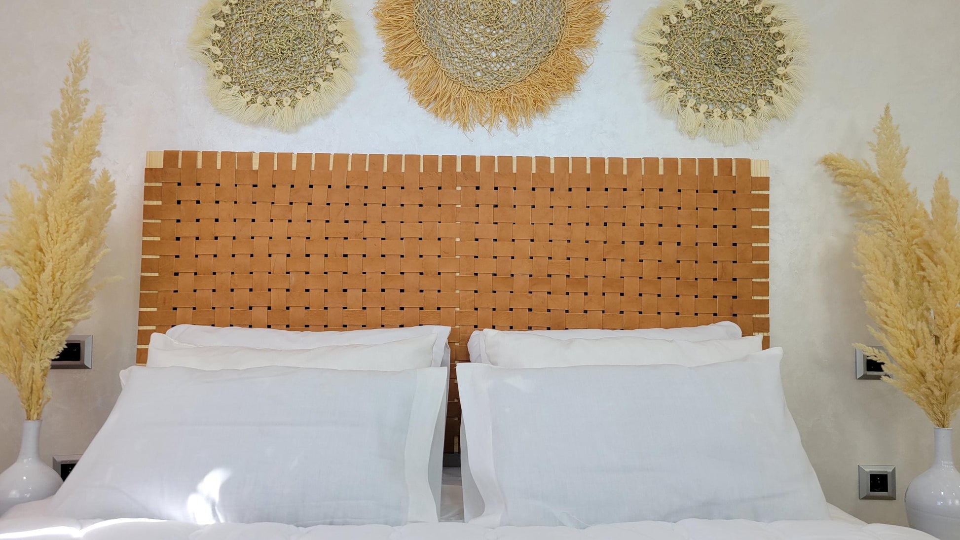 Woven Leather Headboard — alternate angle showing scale