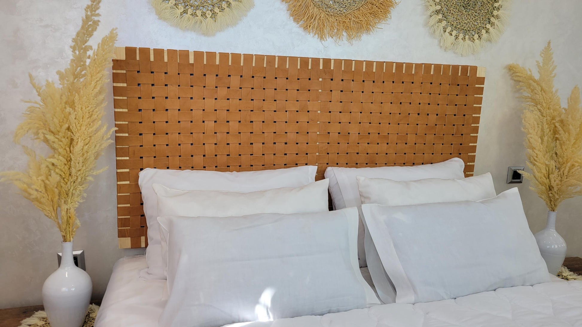 Woven Leather Headboard — side view of artisan stitching