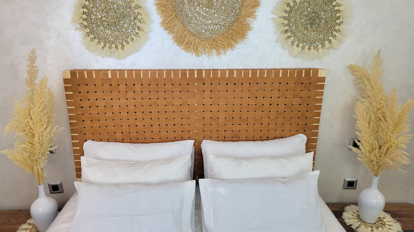 Woven Leather Headboard — styled in a modern boho living room
