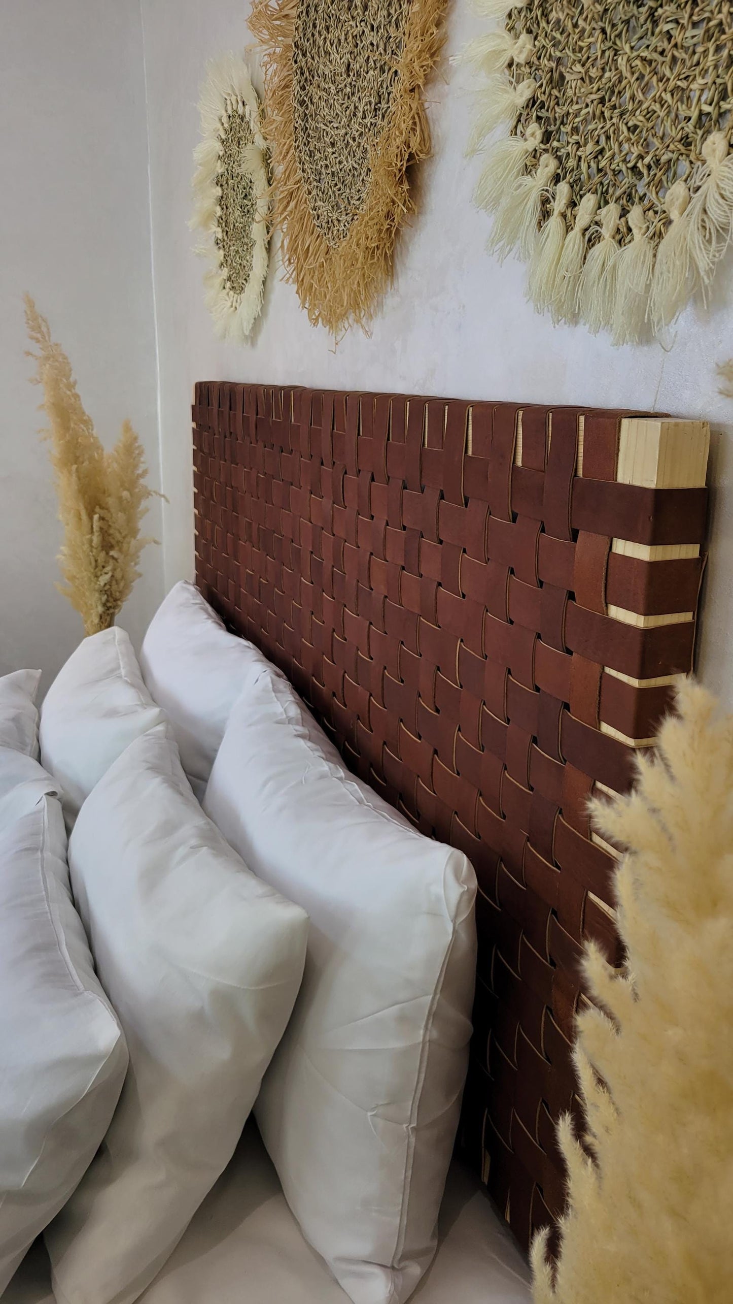 Woven Leather Headboard — side view of artisan stitching