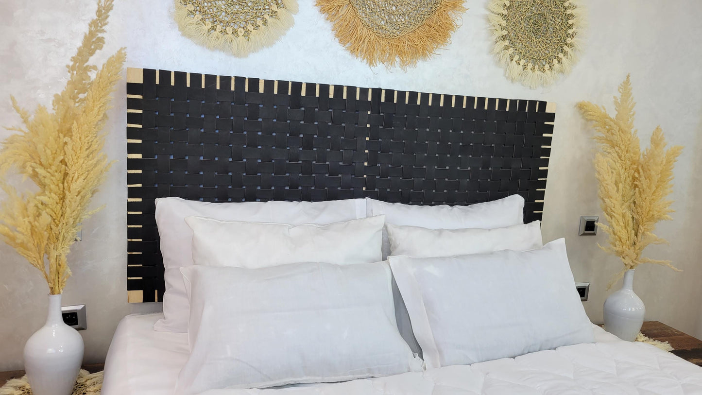 Woven Leather Headboard — styled in a modern boho living room