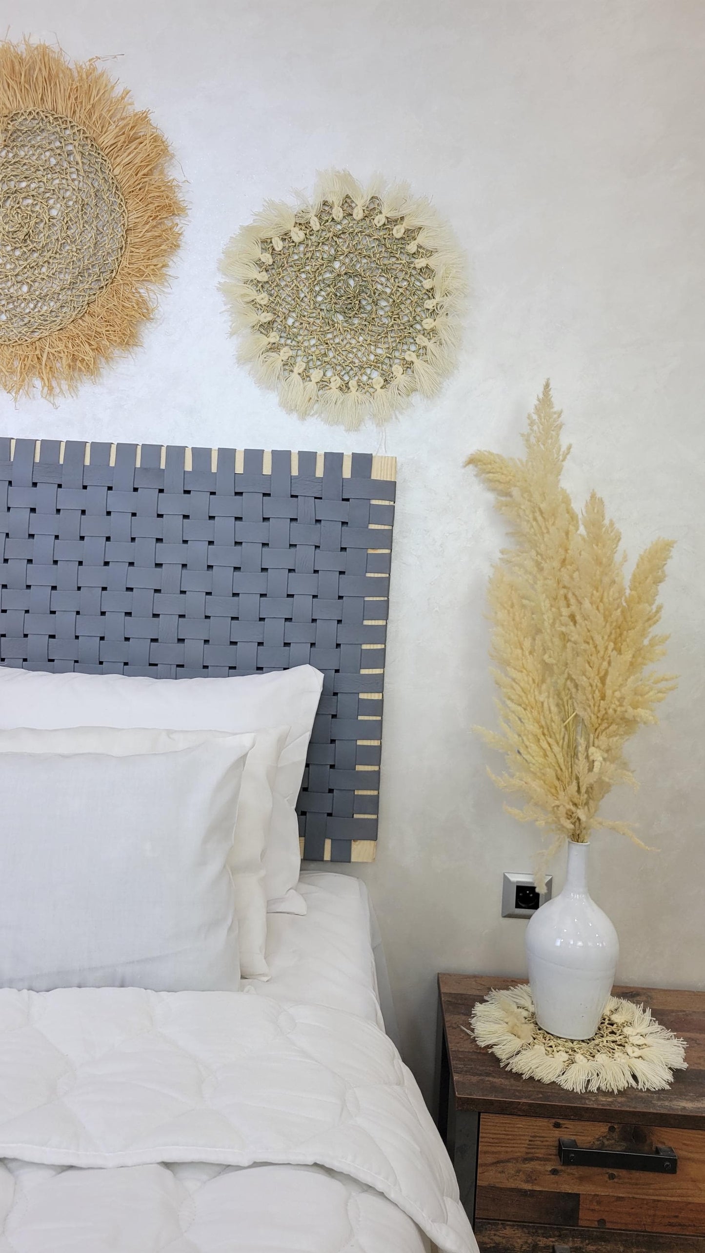 Woven Leather Headboard — color variation in natural light