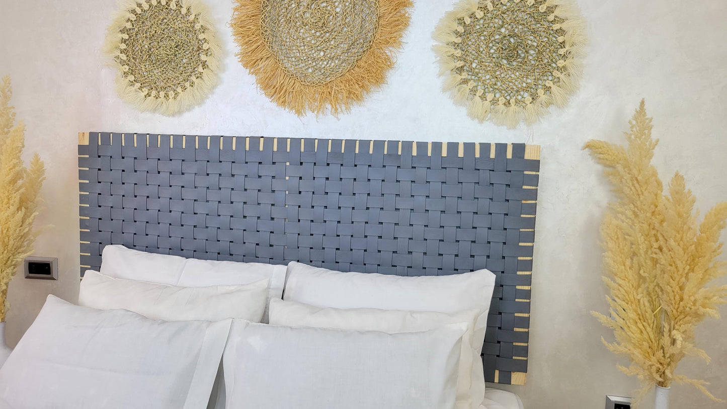 Woven Leather Headboard — styled in a modern boho living room