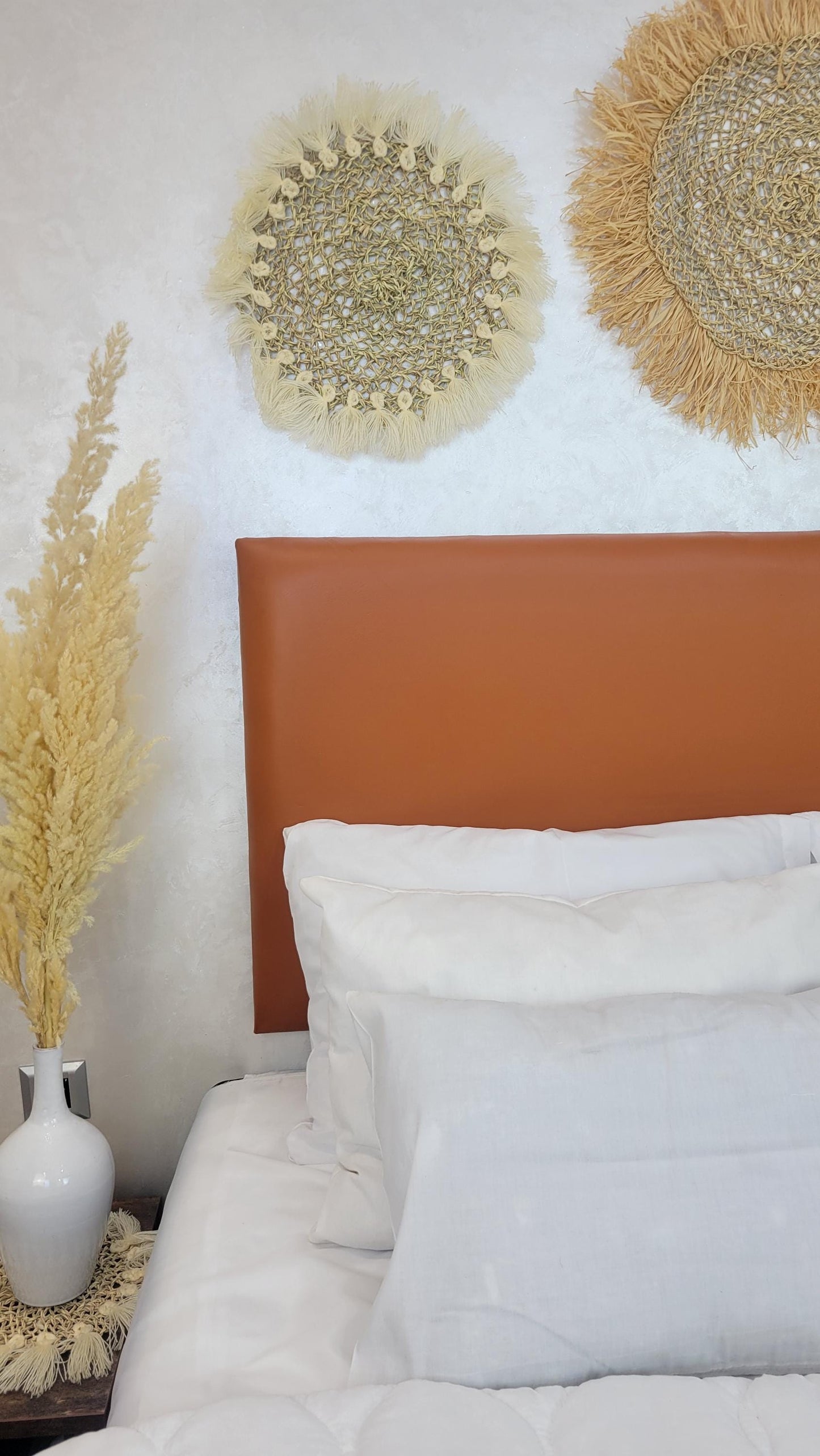 Upholstered Leather Headboard — styled in a modern boho living room