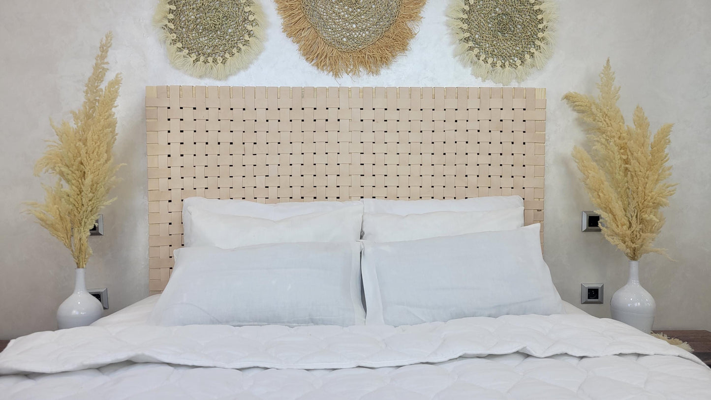 Woven Leather Headboard — side view of artisan stitching