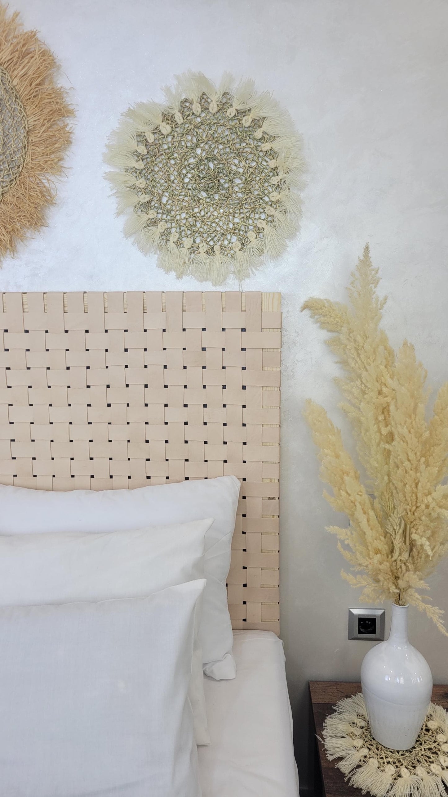 Woven Leather Headboard — paired with neutral home decor