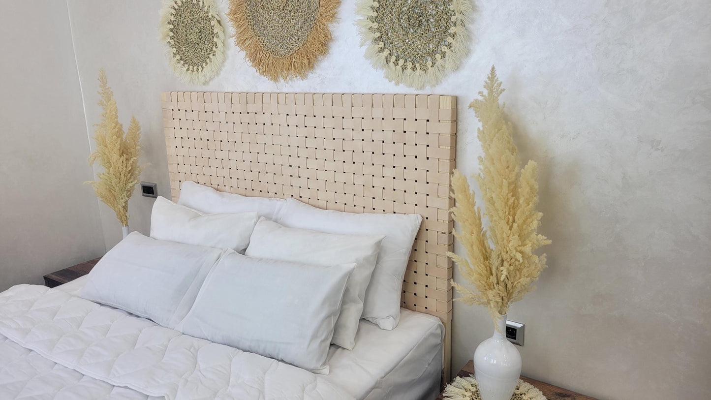 Woven Leather Headboard — styled in a modern boho living room