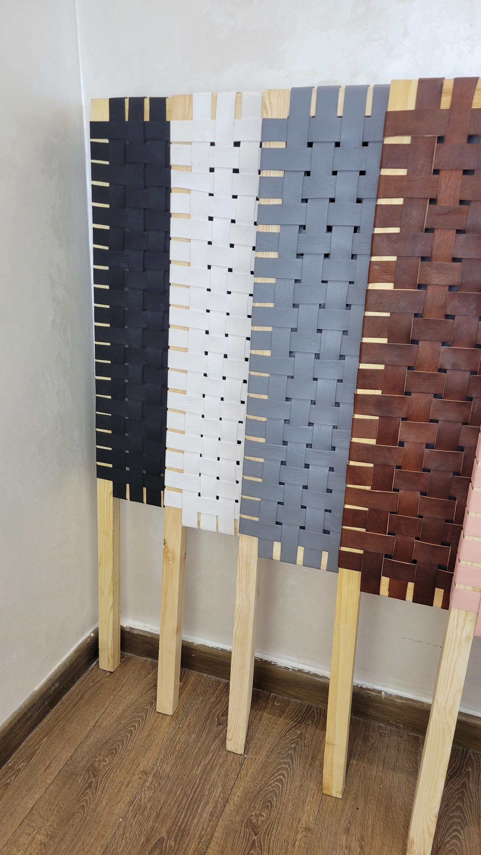 Woven Leather Headboard — color variation in natural light