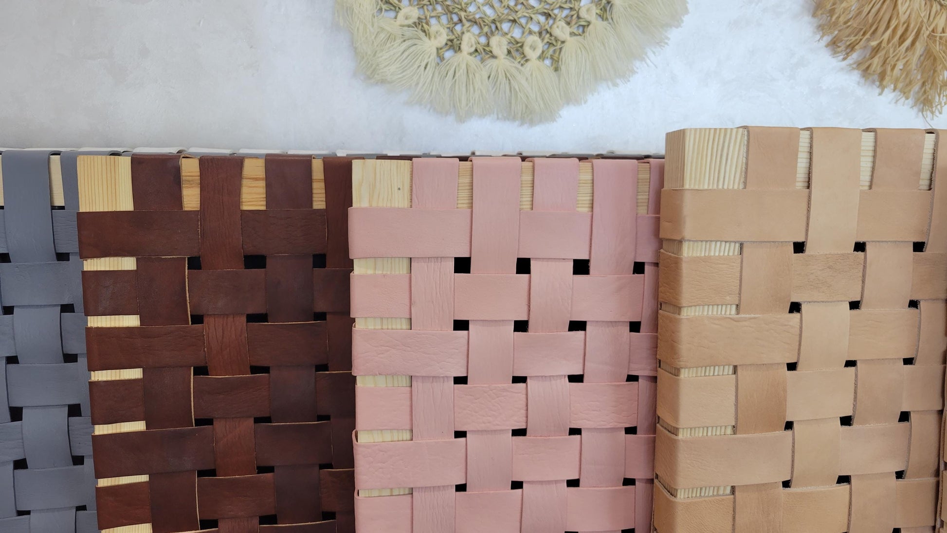 Woven Leather Headboard — natural color, artisan finish