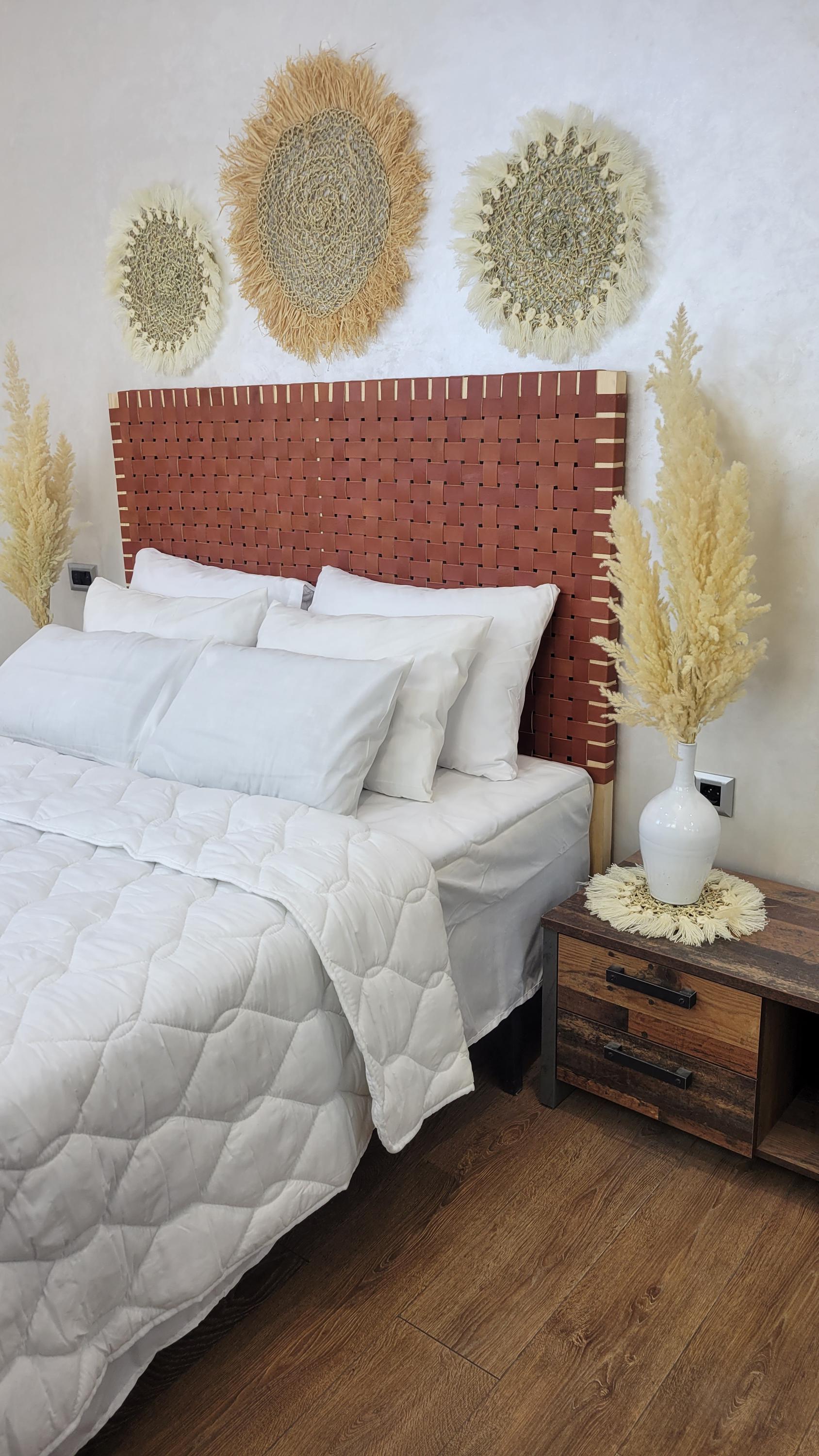 Leather Headboard with Legs — paired with neutral home decor