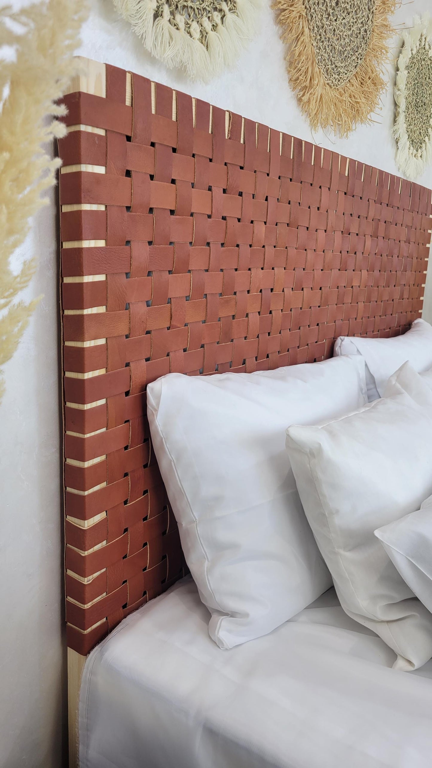 Leather Headboard with Legs — natural color, artisan finish