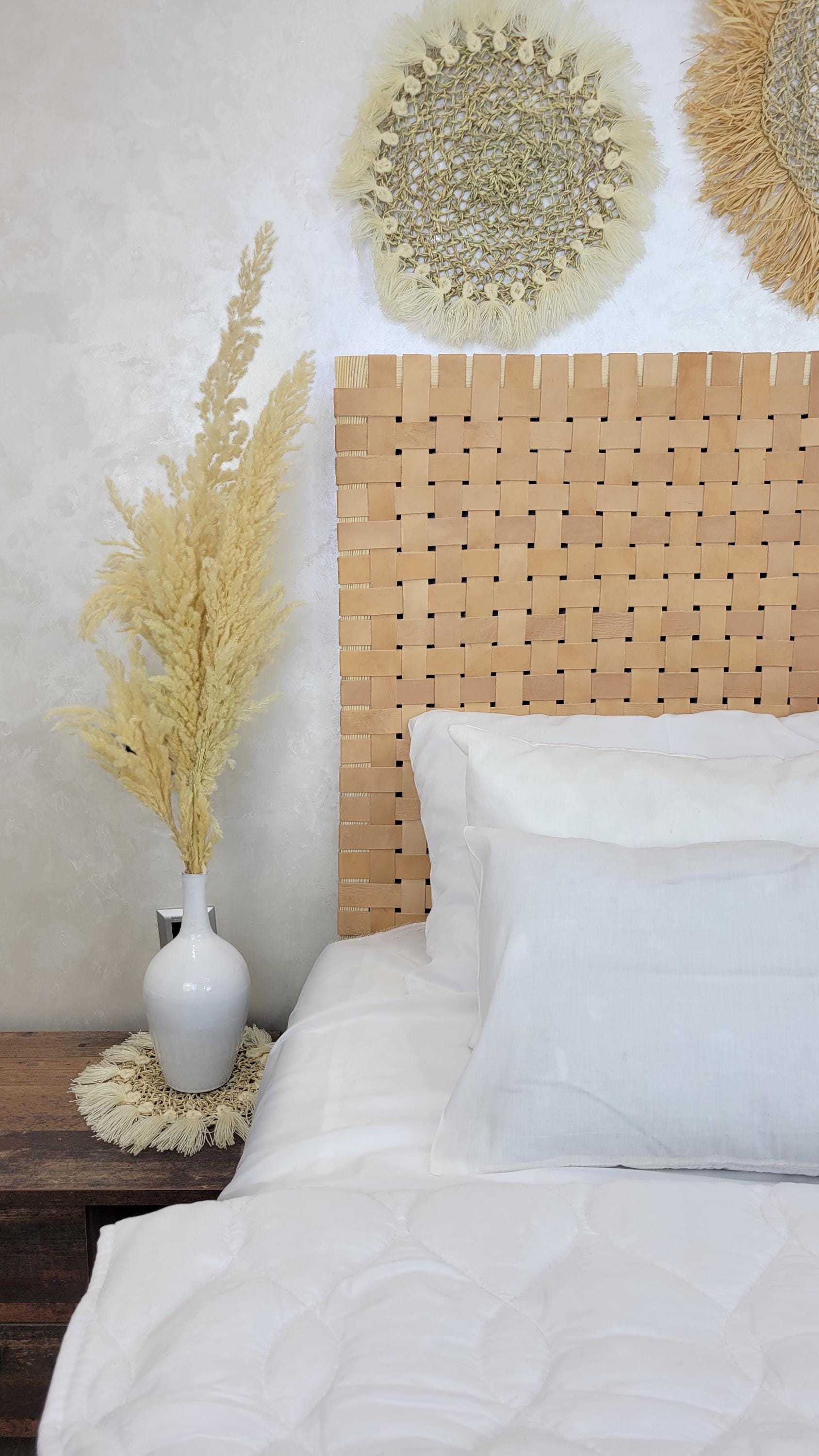 Leather Headboard with Legs — side view of artisan stitching