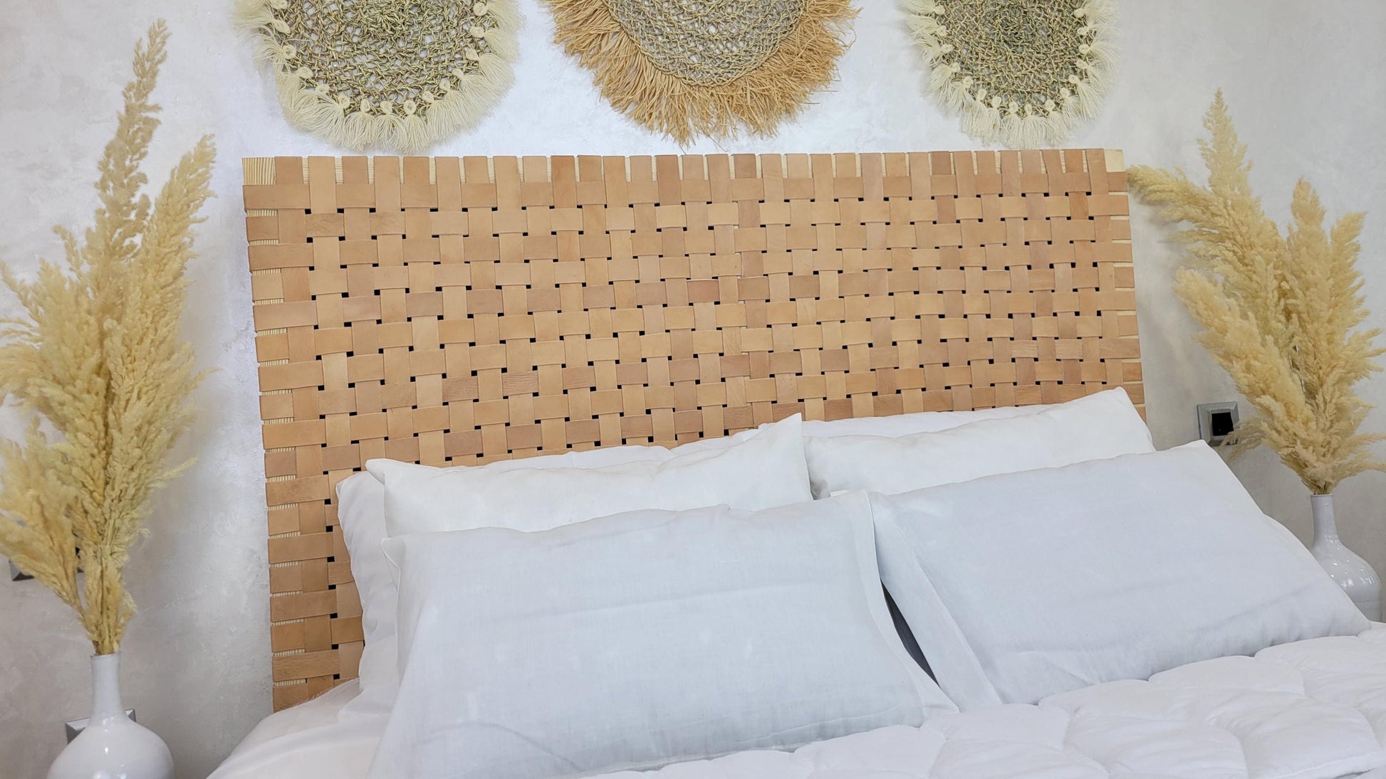 Leather Headboard with Legs — top view showing weave pattern