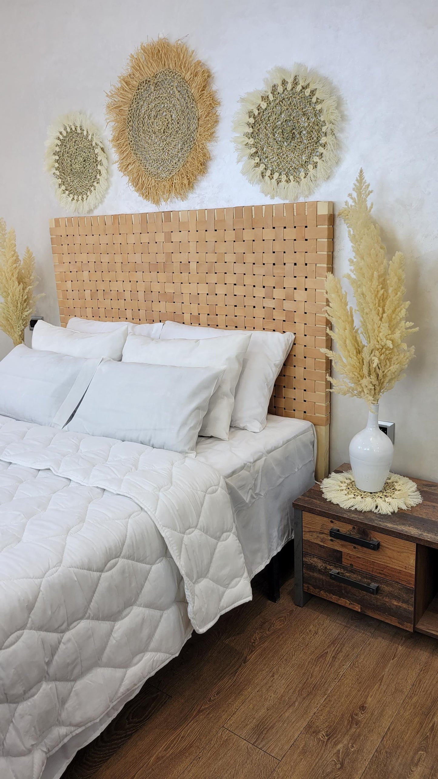 Rustic Leather Headboard with Wooden Legs — Bedroom