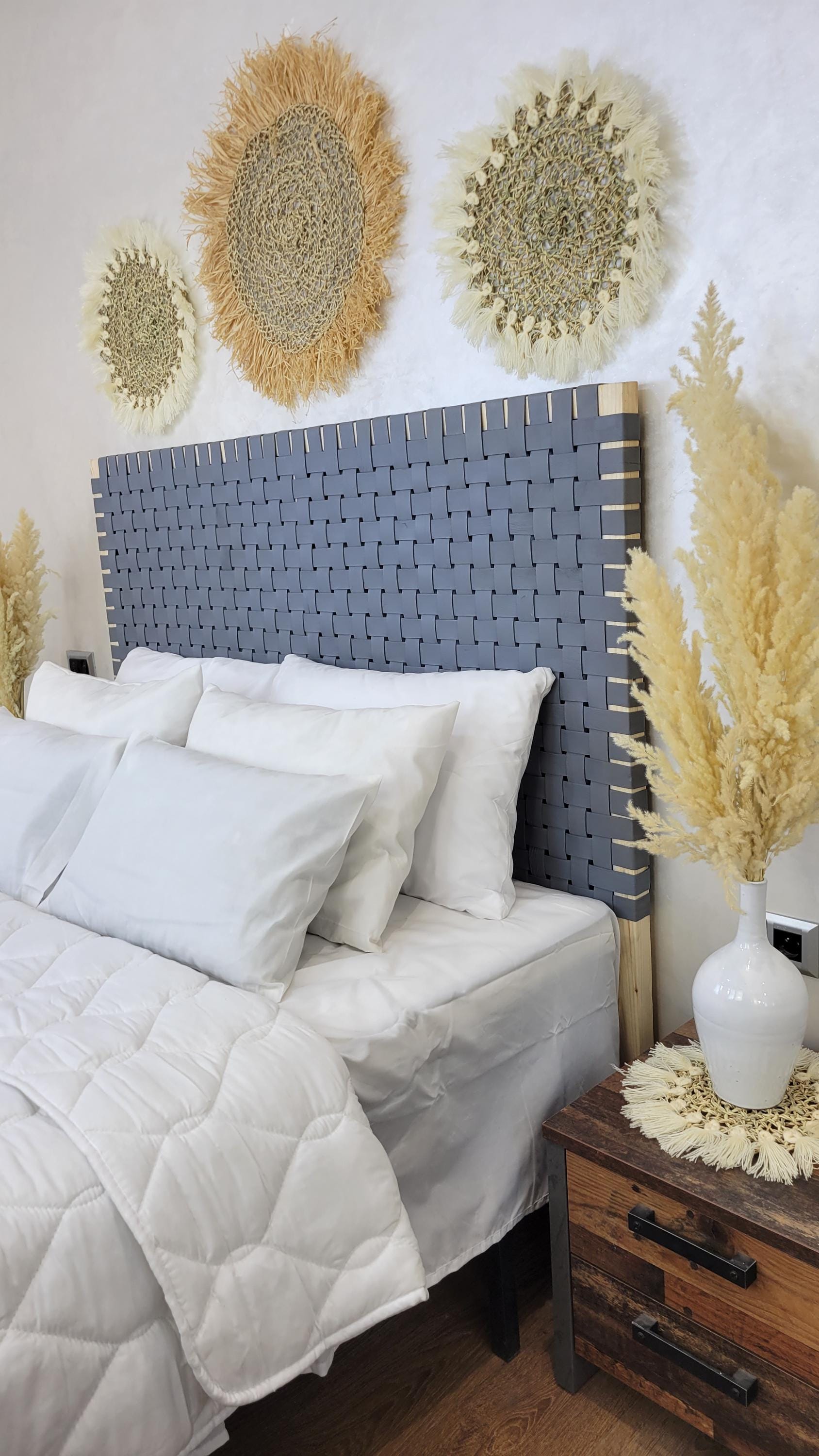 Leather Headboard with Legs — paired with neutral home decor