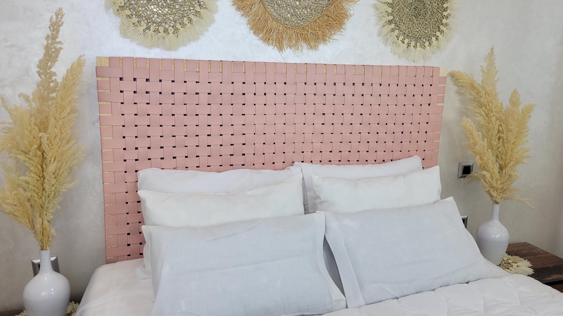 Woven Leather Headboard — color variation in natural light