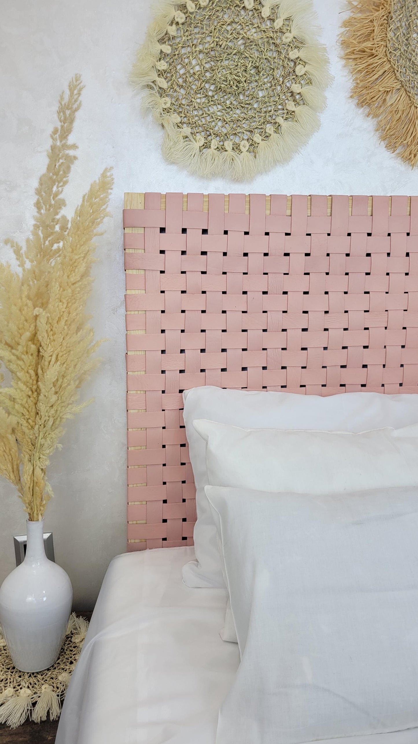 Woven Leather Headboard — side view of artisan stitching