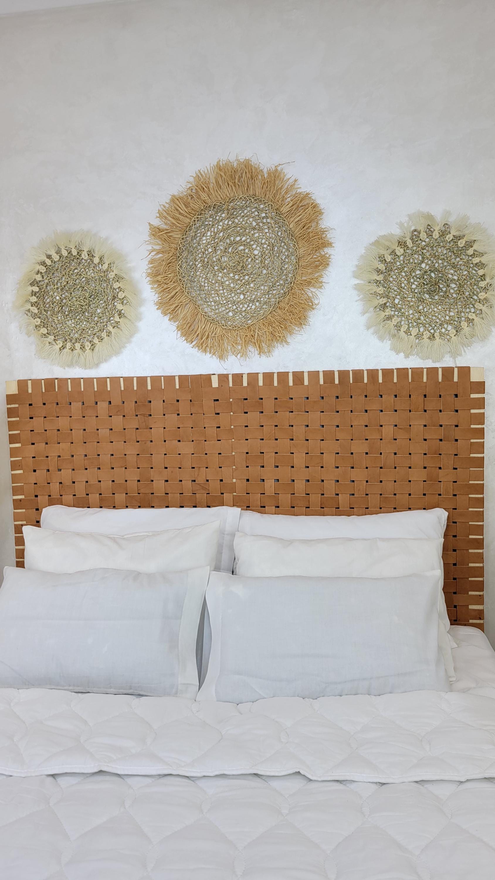 Woven Leather Headboard — paired with neutral home decor