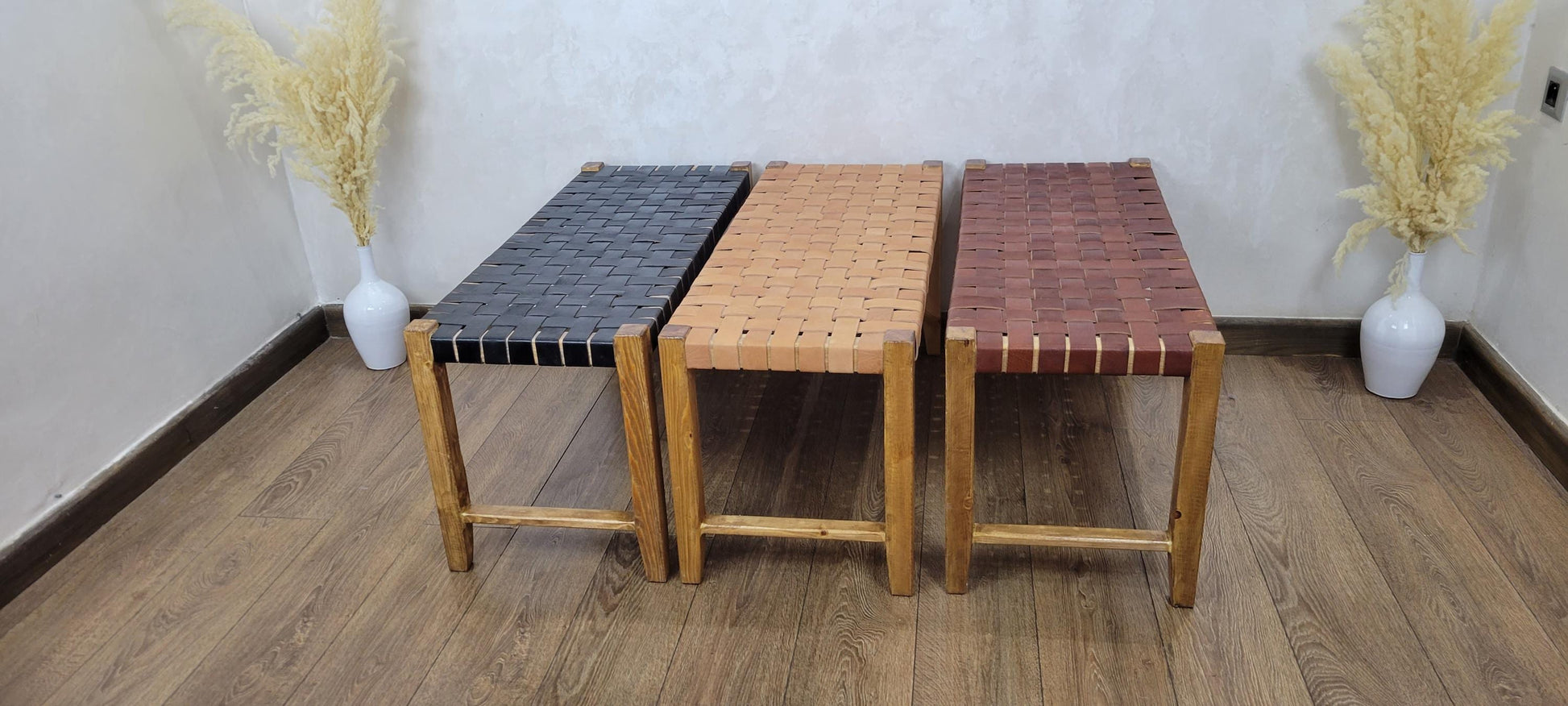 Woven Leather Bench — styled in a modern boho living room